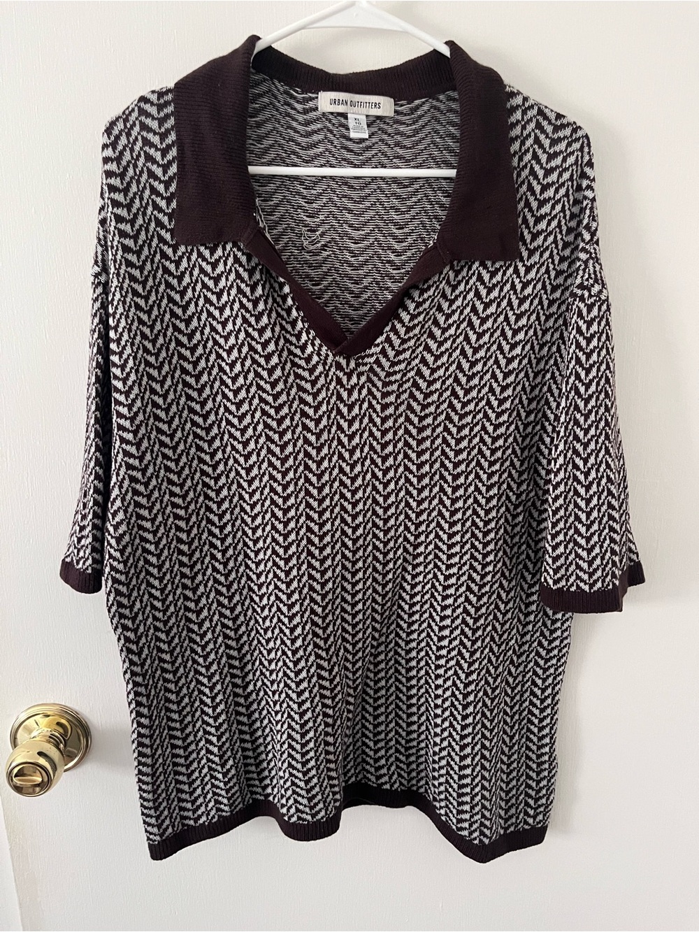 Urban Outfitters Johnny Collar Sweater Polo Short Sleeve Brown White Retro XL